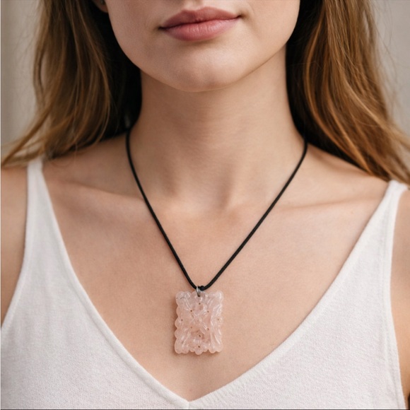 Hand Crafted Jewelry - Genuine Rose Quartz Pendant Black Cord Necklace 24”